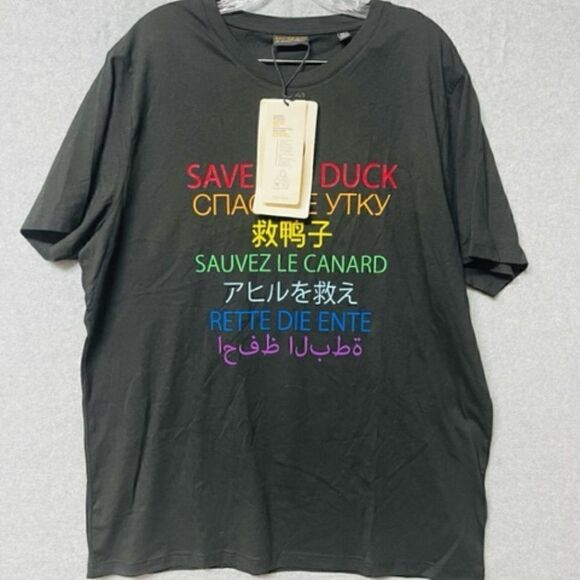 Save the Duck T- Shirt Black multi color languages NWT Save the Duck is in multi - Picture 1 of 4